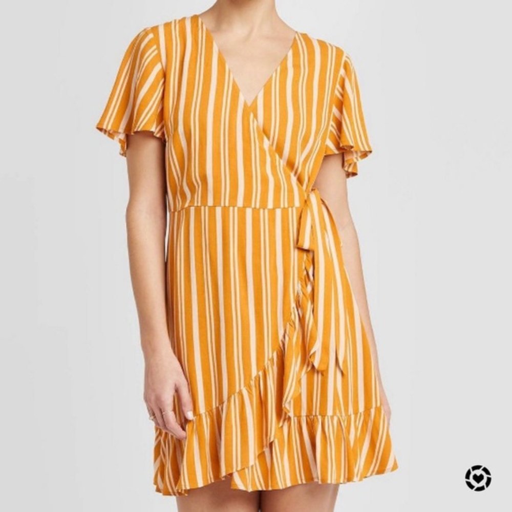 Yellow and White Striped Wrap Dress